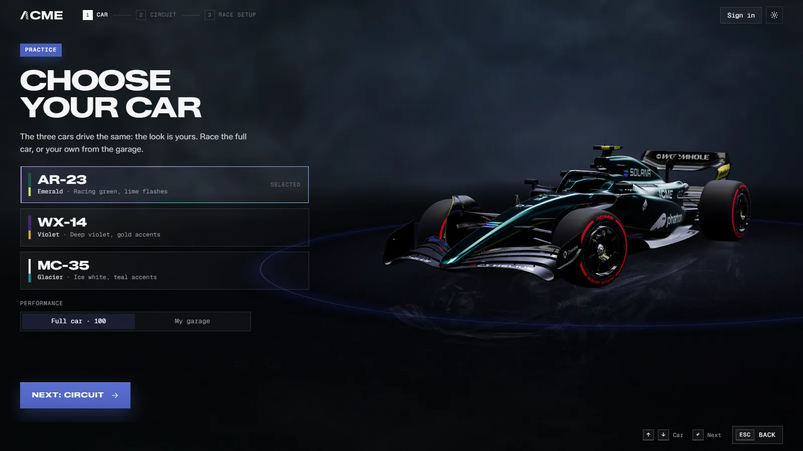 The menu where a player picks one of three cars