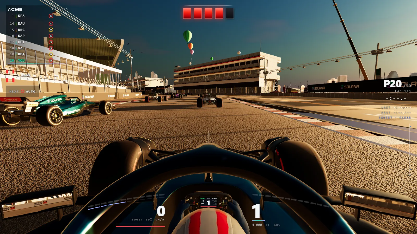 The start: four of five red lights lit, the driver's view over the cockpit at sunset, a timing tower on the left